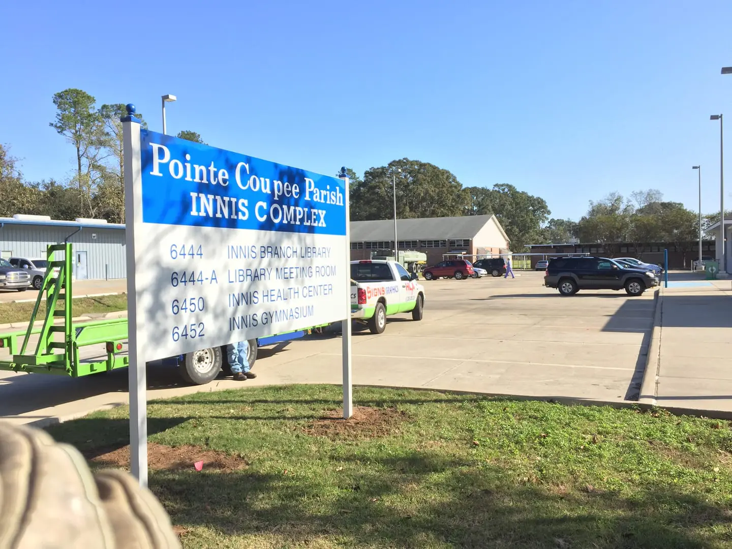 Pointe Coupee Parish Library Sign installed on steel posts, Innis Complex Custom Sign, HLA Signs