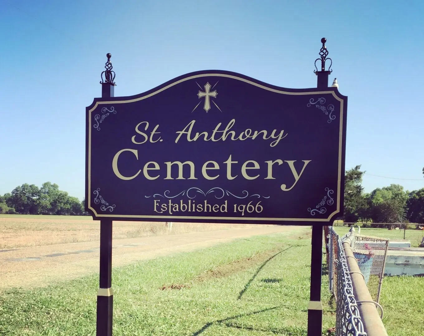 St Anthony Church Cemetery Custom Post and Pane Sign Mounted on Aluminum Posts, HLA Signs Cottonport Louisiana