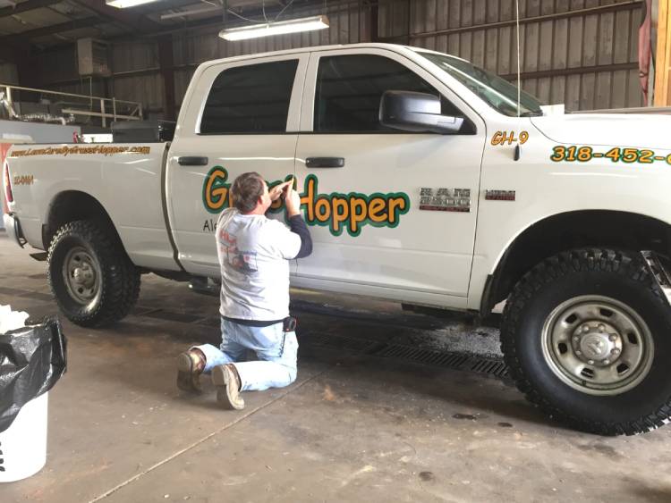 Grass Hopper Lawn Maintenance Truck Lettering, Wrap, and Graphics, Alexandria, Louisiana HLA Signs