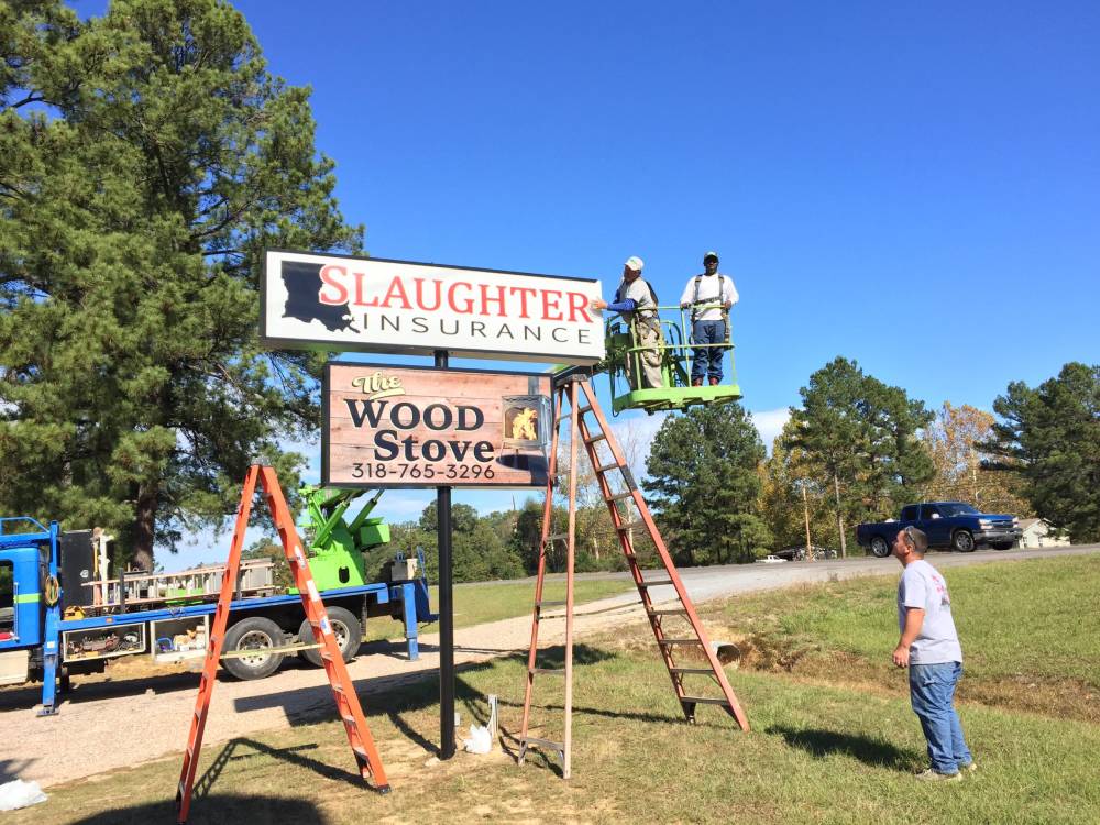 Slaughter Insurance, The Wood Stove, LED Lighting, Custom Business Sign, Pollock, Louisiana, HLA Signs