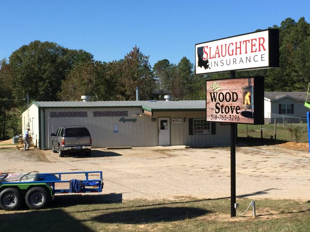 Slaughter Insurance, The Wood Stove, LED Lighting, Custom Business Sign, Pollock, Louisiana, HLA Signs